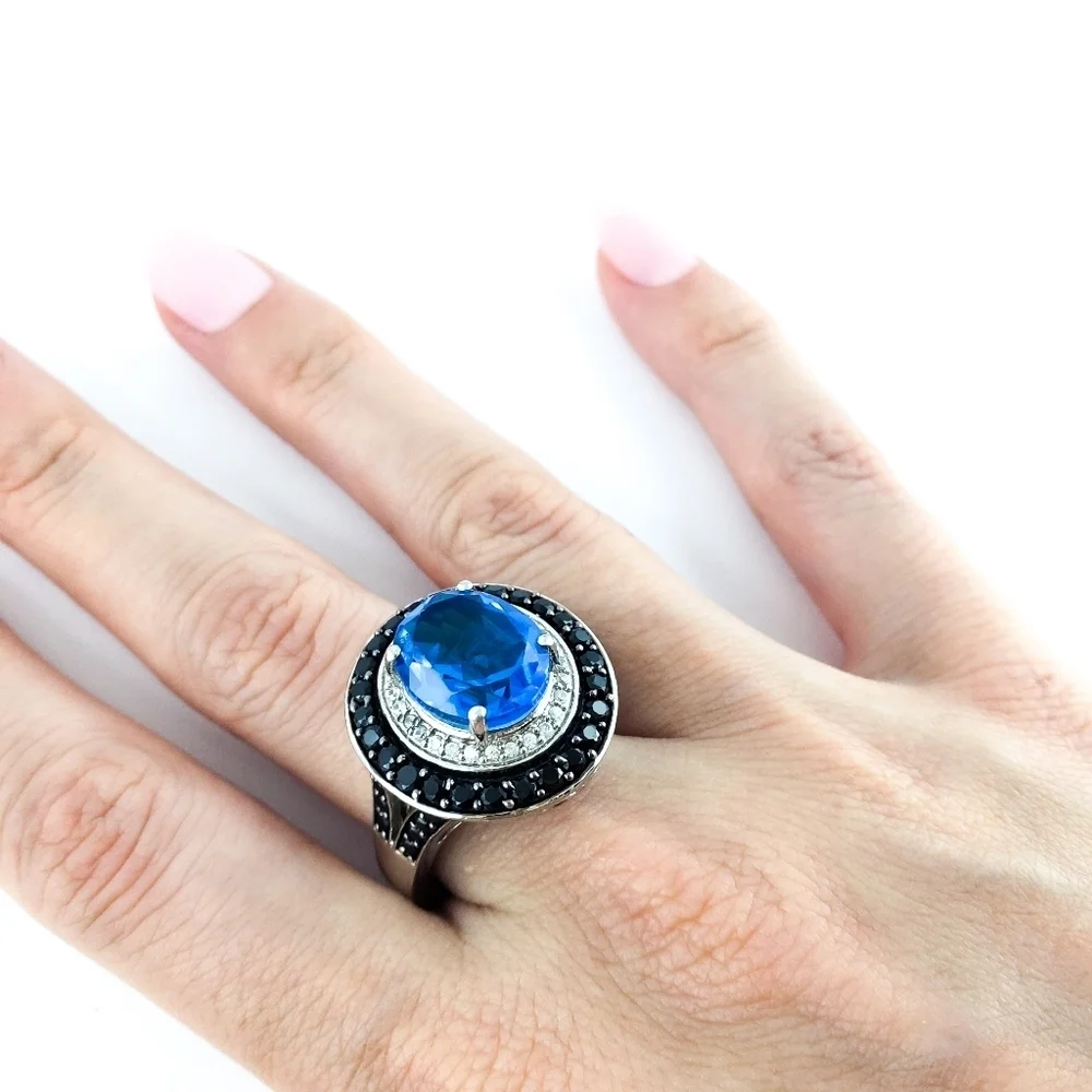 Swiss Blue Topaz Statement Ring black spinel sterling silver ring size 10